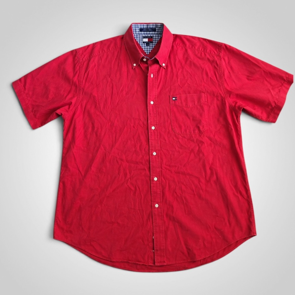 Vintage 90s Tommy Hilfiger Men's XL Red Short Sleeve Button Down Shirt Flag Logo